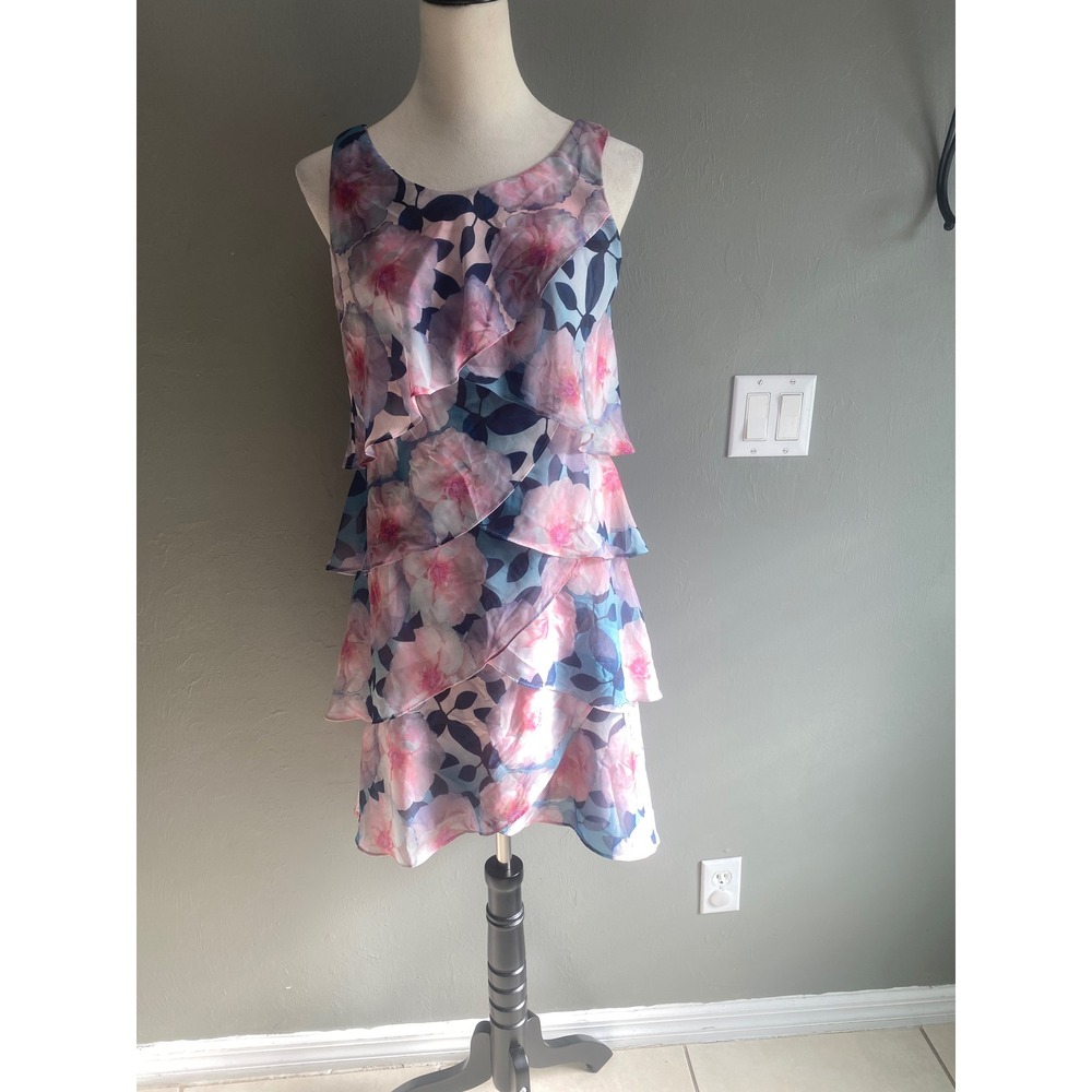 Style & Co Women Pink Blue Floral Tiered Ruffle Sleeveless Chiffon Dress Size 4